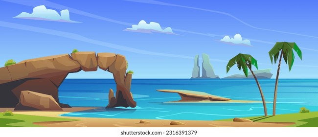 Tropical seascape, sea bay with a rock in the shape of an arch. Sandy shore, beach with palm trees, sandbar with a rock. Lagoon, atoll, abandoned bay, adventure, journey.Vector cartoon illustration.