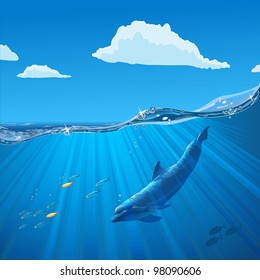 tropical seascape with water waved surface and dolphin swimming underwater