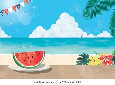 Tropical seascape, watermelon and hibiscus