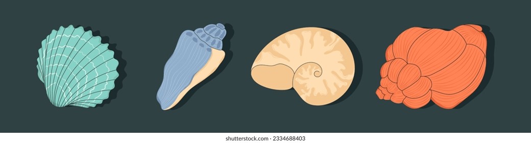 Tropical seashell. Cartoon clam, oyster and scallop shells. Colorful underwater conches of mollusk and sea snail. Ocean shellfish vector set isolated on dark. Colorful undersea elements