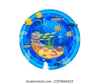 Tropical seashell and fish shoals. Sea paper cut underwater landscape in vector round frame with 3d papercut layers, ocean water waves, coral reef bottom, seaweeds and bubbles, sand seabed and rocks