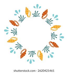 Tropical Seashell Wreath. Hand-drawn tropical beach frame with orange shells, coral, water drops. Summer vacation designs. Vector illustration