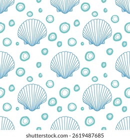 Tropical seashells seamless pattern. Mediterranean summer abstract background. Hawaii marine background.Vector folk art Hand drawn illustration for seasonal design, surface,textile,holiday vacation.