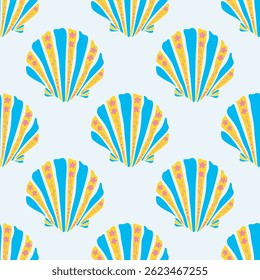 Tropical seashells seamless pattern. Mediterranean summer abstract background. Hawaii marine background.Vector folk art Hand drawn illustration for seasonal design, surface,textile,holiday vacation.