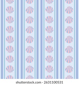 Tropical seashells and stripe seamless pattern. Mediterranean summer abstract. Modern colorful background.Vector folk art Hand drawn illustration for seasonal design, surface,textile,holiday vacation.