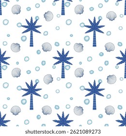 Tropical seashells,palm or coconut trees seamless pattern. Mediterranean summer abstract background. Hawaii marine Hand drawn illustration for seasonal design, surface,textile,holiday vacation,decor.