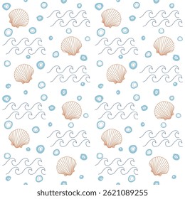 Tropical seashells,sea wave,bubble seamless pattern.Mediterranean summer abstract background. Hawaii marine background.Hand drawn illustration for seasonal design, surface,textile,holiday vacation.