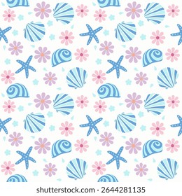 Tropical seashells,starfish,flower seamless pattern.Mediterranean summer abstract background. Hawaii marine folk art.Cute hand drawn illustration for seasonal design, surface,holiday vacation deco.