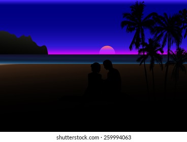 Tropical seashore with couple, palms and sunset. Vector illustration