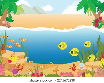 Tropical seashore with mountains, palm trees, shells, sand and underwater world of corals and marine fish and seaweed cartoon style. Tourism and recreation near the water.