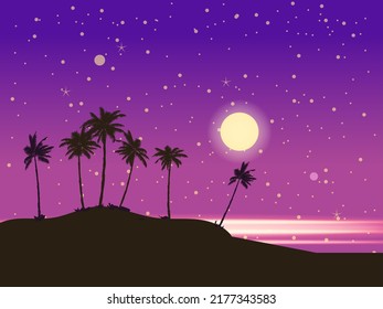 Tropical Seashore Night Landscape, Coast, Palms, Moonlight, Ocean. Summer Exotic Scene View, Silhouette