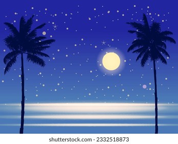 Tropical seashore night landscape, coast, palms, moonlight, ocean. Summer exotic scene view, silhouette