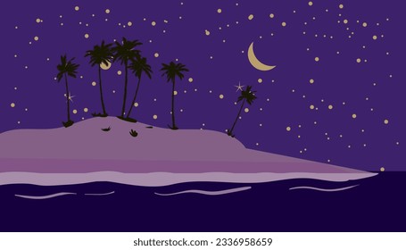 Tropical seashore night landscape, coast, palms, moonlight. Summer exotic scene view, silhouette