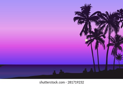 Tropical seashore night palms vector illustration