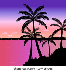 Tropical seashore sunset landscape at summer with palm trees. In blue, purple, orange and pink colors. Ready to use in decoration, banners, social media, posters, flyers and advertising.