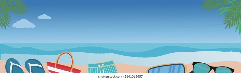 Tropical Seaside Landscape with Blue Sky and Palm Trees