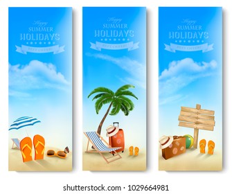 Tropical seaside with palms, a beach chair and a suitcase. Vacation bnners. Vector. 