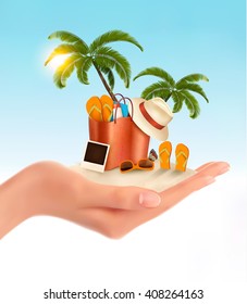 Tropical seaside with palms, a beach chair and a suitcase. Vacation background. Vector.