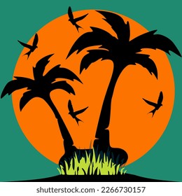 tropical season logo on the sea decorated with coconut trees