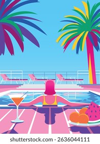 Tropical season summer vacation handmade drawing vector illustration with palms, woman in pool, lounge chairs, cocktail glass and fruits. Traditional patchwork style background illustration.