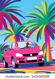 Tropical season summer vacation handmade drawing vector illustration with 2 women in cabriolet car and palms and exotic plants on the background. Modern expressive vector illustration.