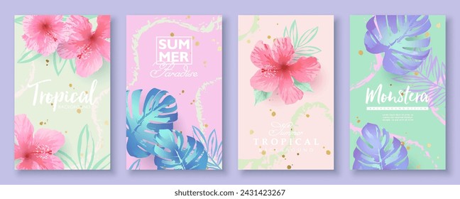 Fondos tropicales decorados con flores de hibisco y hojas tropicales sobre fondos abstractos pastel. Ilustración vectorial para anuncios de moda, carteles, banners y contenidos de redes sociales