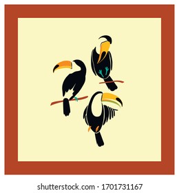 Tropical set with beautiful toucans. Summer print, paper or textile design. Exotic birds in a minimalist, abstract style, hand drawn illustration