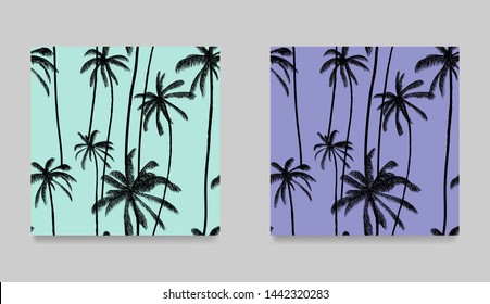 Tropical set black palm tree seamless pattern. Jungle pastel blue wallpaper. Trendy summer hawaiian fabric design. Vector illustration.