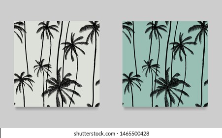 Tropical set black palm tree seamless pattern. Jungle pastel blue wallpaper. Trendy summer hawaiian fabric design. Vector illustration.