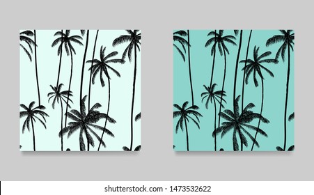 Tropical set black palm tree seamless pattern. Natural pastel blue wallpaper. Trendy summer hawaiian fabric design. Vector illustration.