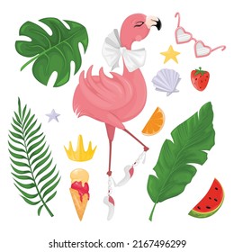 Tropical set with cute flamingos, palm leaves and decorative elements. Vector cartoon style. Suitable for postcards, stickers, prints.