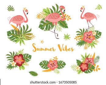 Tropical set of cute summer elements: flamingo, exotic flowers, palm leaves bouquet hibiscus vector