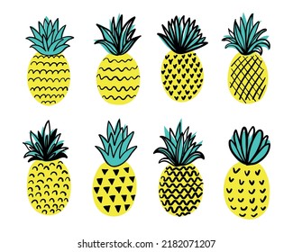 Tropical set with doodle yellow pineapples. Hand drawn pineapples isolated on white background. for fabric, drawing labels, print, wallpaper of children's room, fruit background