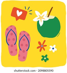 Tropical set drawing with flip flops, coconut water, heart and flowers 