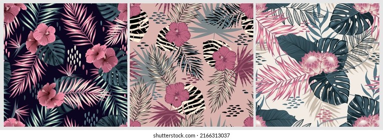 Tropical set with exotic flowers. Jungle wallpaper. Design for paper, cover, fabric, interior decor and other users.