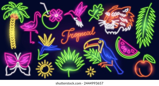 Conjunto tropical de la moda de neón. Señal luminosa de noche, Anuncio luminoso brillante. Logotipo de verano, emblema para Club o bar. Vector editable. hojas, palma, flamenco, tigre, tucán, coco, fruta