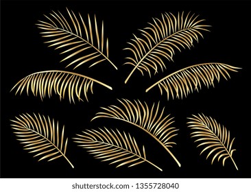 tropical set of golden hand drawn palm leaves