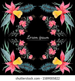 Tropical set of hand drawn floral frames. Jungle foliage illustration. Floral set. Design elements. Vector collection, isolated. Natural spring wedding card. Summer tropical leaf. Botanical frames
