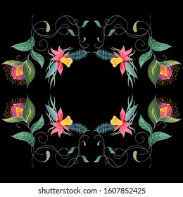 Tropical set of hand drawn floral frames. Jungle foliage illustration. Floral set. Design elements. Vector collection, isolated. Natural spring wedding card. Summer tropical leaf. Botanical frames