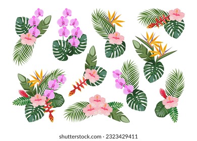 Tropical set of hand drawn floral arrangement. Vector botanical illustration.
Layouts for the design of greeting cards and invitations.
