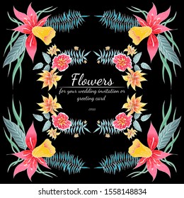 Tropical set of hand drawn orchid floral frames. Jungle foliage illustration. Floral set. Hand drawing. Vector collection, isolated. Natural spring wedding card. Summer tropical leaf. Botanical frame