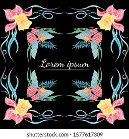 Tropical set of hand drawn orchid floral frames. Jungle foliage illustration. Floral set. Hand drawing. Vector collection, isolated. Natural spring wedding card. Summer tropical leaf. Botanical frame