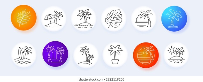 Tropical set icon. Palm branch, island umbrella, seaside trees, monstera leaf, sunset shoreline, surfboard waves, hammock retreat, decorative paradise landscape collection.