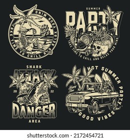 Tropical set monochrome logotypes vintage skeleton with cocktail under palm and music center for beach party or surfing vector illustration