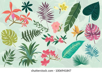 Tropical set with tropical palm leaves, flowers for wallpapers, web page backgrounds, surface textures, textile, wedding invitation, business products