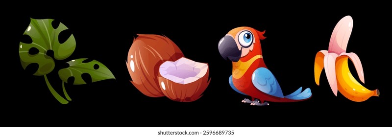 Tropical set of parrot, coconut, banana and palm leaves. Isolated cartoon illustrations