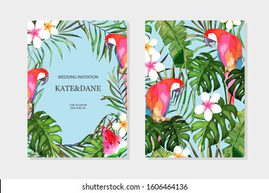 Tropical  set with parrots. Wedding Invitation, save the date, rsvp, invite card. Vector floral illustration. Celebration template.