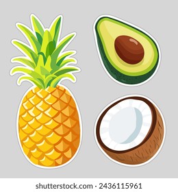 Tropical set Pineapple, avocado and coconut. Isolated illustration on white background. Vector