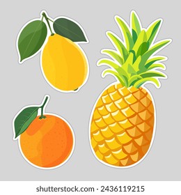 Tropical set Pineapple, lemon and orange. Isolated illustration on white background. Vector image