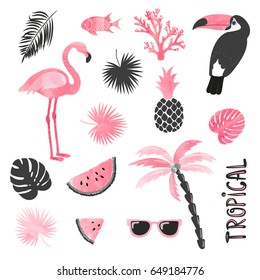 Tropical set in pink and black colors. Flamingo, toucan, watermelon, palm, leaves. Vector collection. 